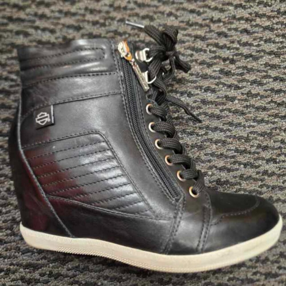 Harley Davidson Parkdale Womens Black Leather Hidden Wedge Biker Boots Size 10